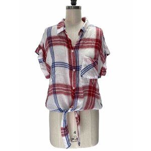 Rails Crop Top Size M Amelie Carmine Plaid Linen Blend Tie Front‎ Button Down